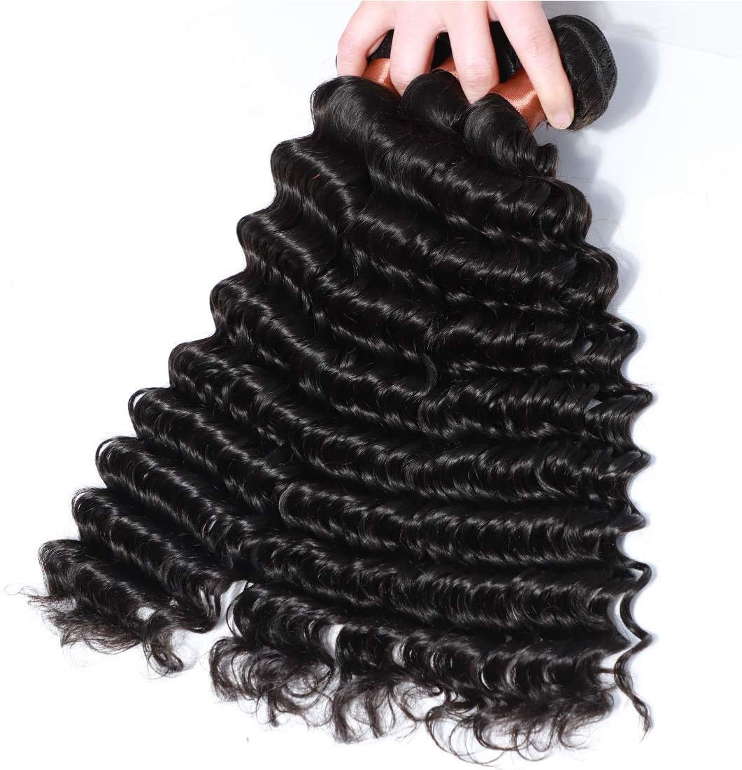 BLACKMOON HAIR Brazilian Virgin Deep Wave Hair 3 Bundles With Free Part Closure Natural Black Color 100% Unprocessed Human Hair Weaves Weft with Lace Closure (22 24 26+18 closure, Free Part) - Image 3