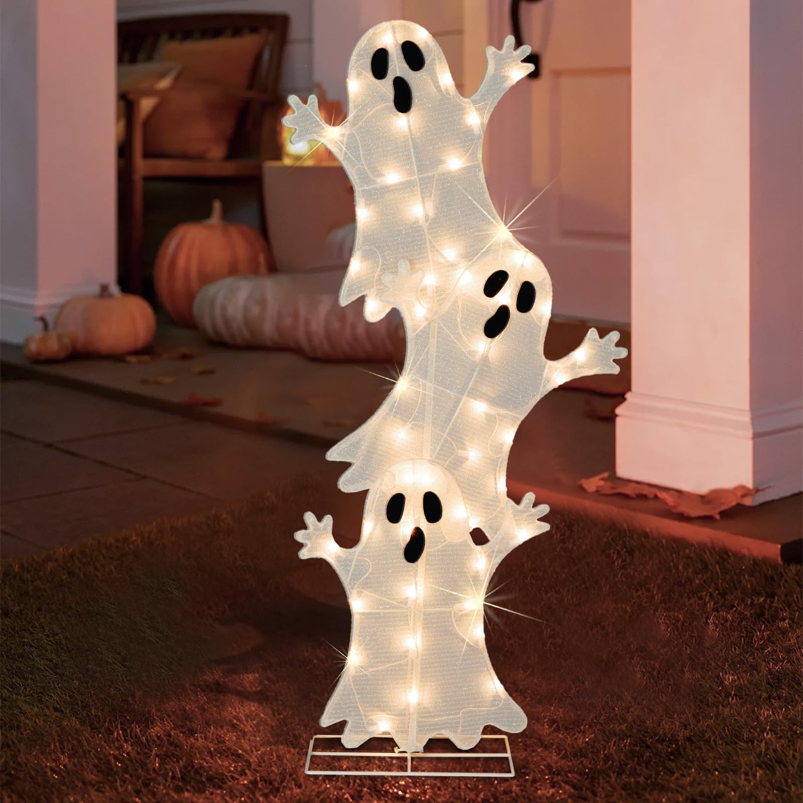 Photo 1 of Halloween Lighted 3 Stacked Ghosts, 42’’ H Pre-Lit Lighted Ghosts with 50 Warm White Lights, Light Up Halloween Ghost Decoration for Indoor, Outdoor, Porch, Yard, Holiday Decor