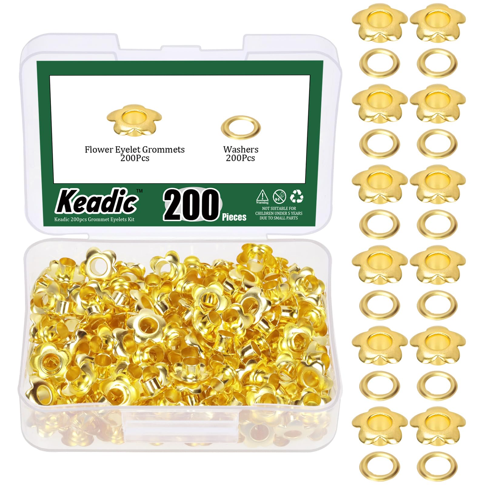 Keadic 200 Sets 3/16 Inch (5mm) Metal Grommet kit, Flowers Sewing Eyelets for Leather Fabric Clothing Belt Shoe Crafts Bag DIY Accessories (Gold)