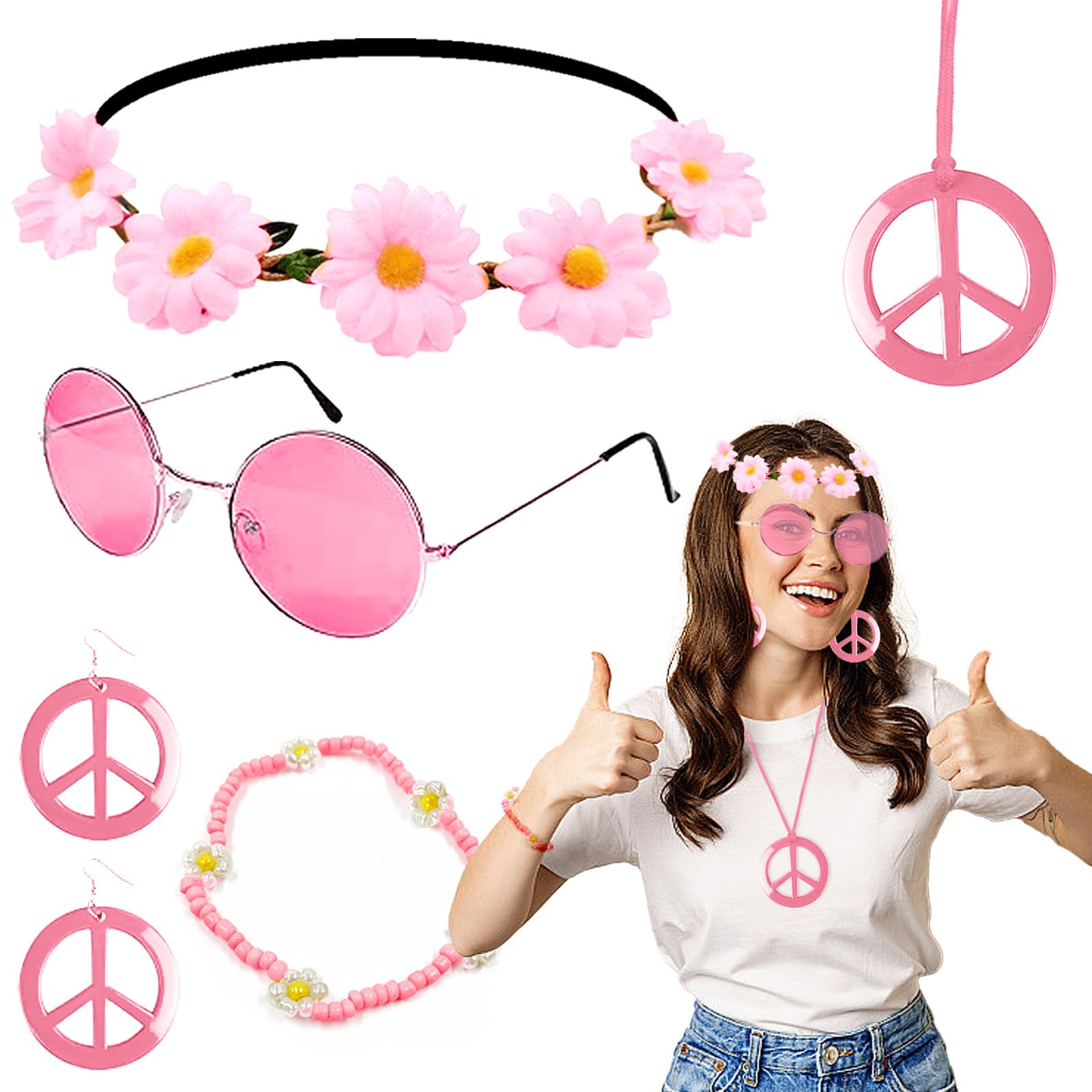 Carreuty 6 Pcs Pink Hippie Costume Accessories Set, 60S 70S Fancy Dressccessories Set for Women, Sunglasses Flower Headband Peace Sign Necklace Earrings Bracelets for World Book Day Funny Dress up