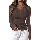 PRETTYGARDEN V Neck Cable Knit Sweaters for Women 2025 Long Sleeve Ribbed Fitted Pullover Tops Business Casual Fall Outfits