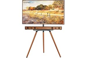 ECOTINY Tripod Easel TV Stand for 43 to 65 Inch LCD LED OLED Screen, Height Adjustable and Swievel TV Stand, Portable Corner TV Floor Stand with Wooden Tray, VESA 400x400mm, Minimalist Black Walnut