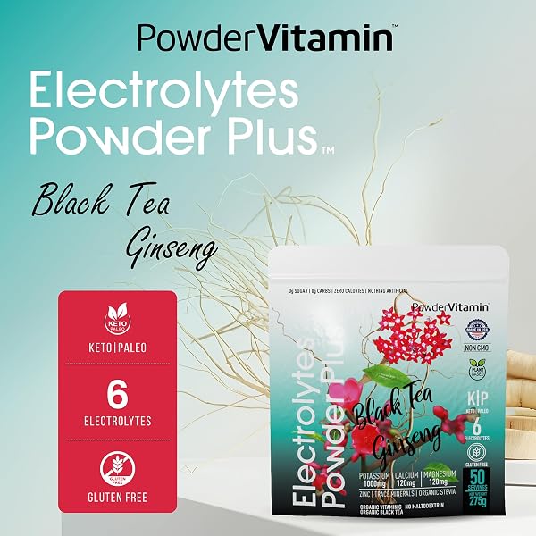 POWDERVITAMIN ELECTROLYTES POWDER PLUS (50 SERVINGS) BLACK TEA GINSENG ELECTROLYTE POWDER KETO, SUGAR FREE, PINK HIMALAYAN SALT,1000MG POTASSIUM,120MG CALCIUM,120MG MAGNESIUM, HYDRATION POWDER