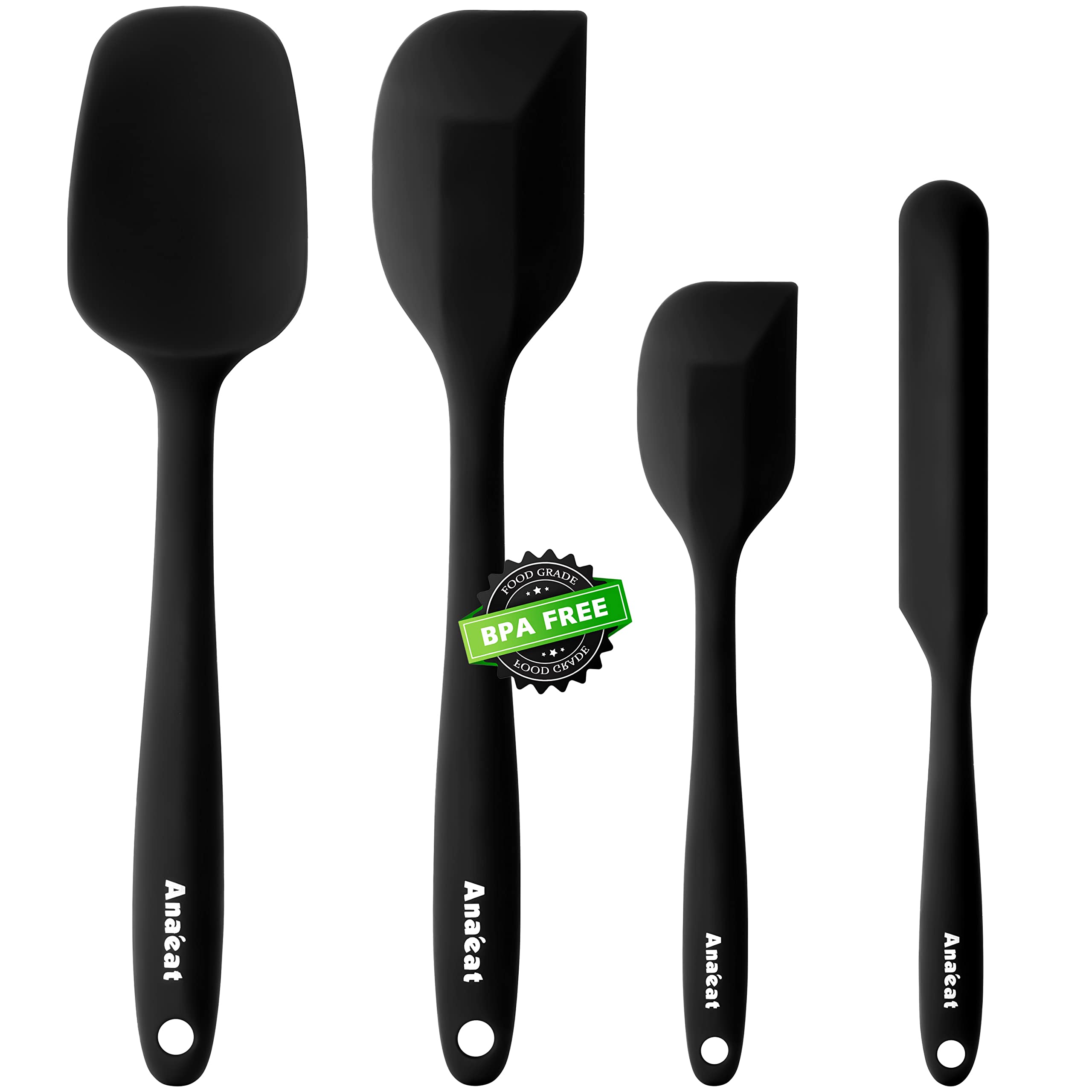 Anaeat 4 Piece Silicone Spatula Set - One-Pieces Seamless Design - Non Stick Rubber Spatulas Kitchen Scraper for Baking, Cooking, Scraping & Mixing, Heat Resistant & BPA Free & Dishwasher Safe (Black)
