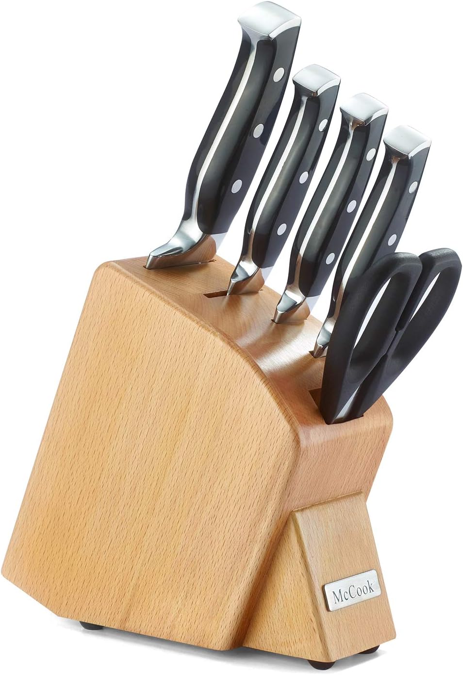 McCook MC41 6 Pieces Forged Triple Rivet Kitchen Knife Set in Natural Beech Wood Slim Block(Black)
