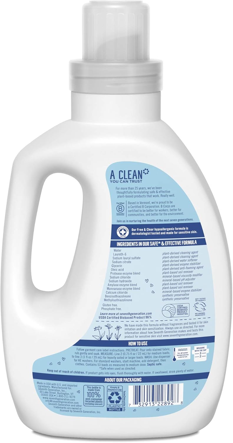 Seventh Generation Concentrated Laundry Detergent, Free & Clear Unscented, 40 oz, Pack of 2 (106 Loads): Health & Personal Care