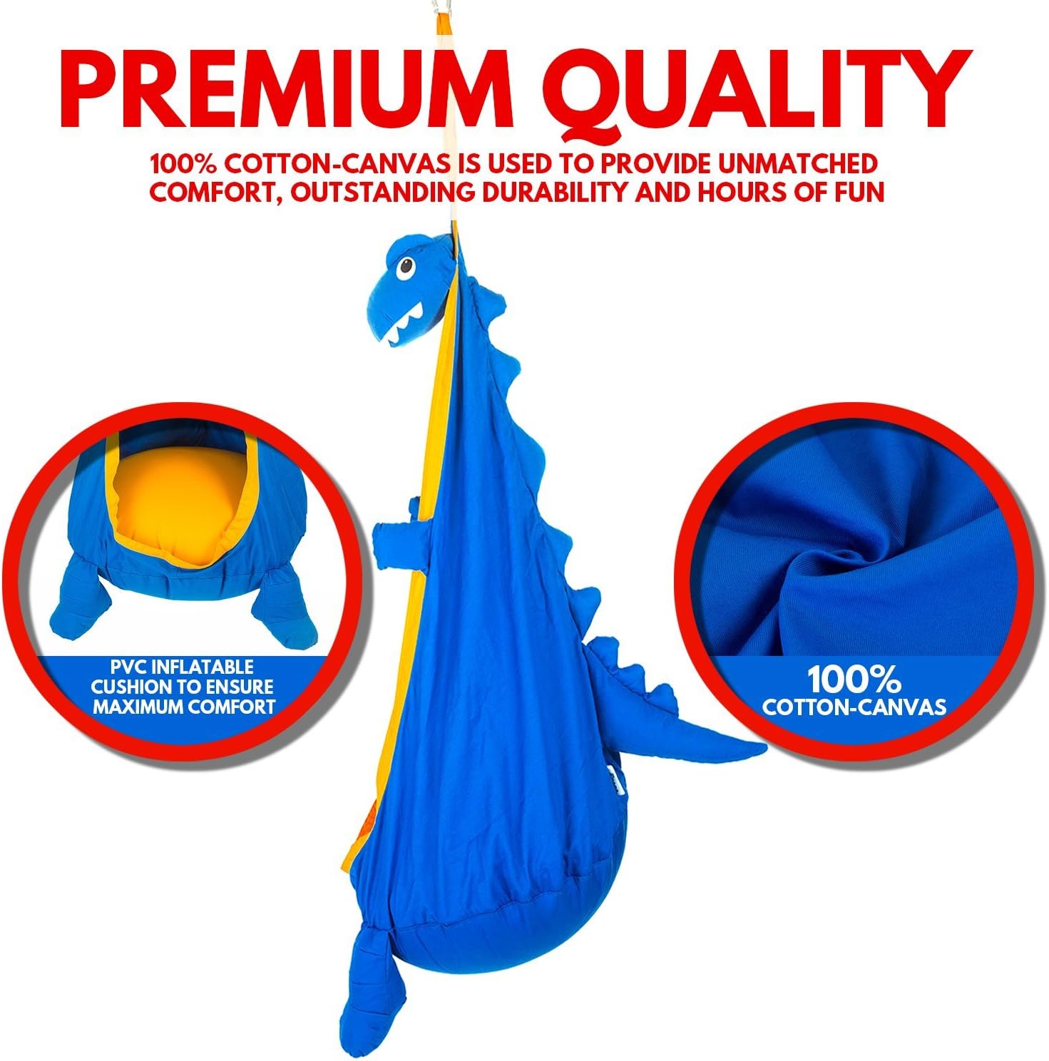 Papa Roo Dinosaur Child Hammock Pod Swing Chair Nook Animal Tent, 100% Cotton - Kids Outdoor Swing Cloth Hanging Seat - Hammock Nest Outdoor and Indoor Swing Chair (Dinosaur, Blue)