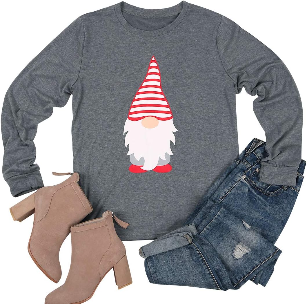 Little Santa Claus Printed T-Shirt for Women Funny Christmas Celebration Shirt Long Sleeve Tees Tops