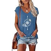 YITAN Women's Compass Mountain Graphic T-Shirt V-Neck Cap Sleeve Tops