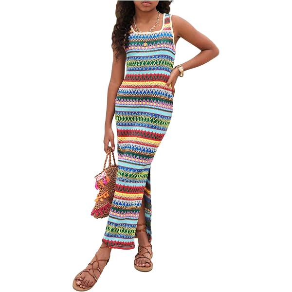 Vestido De Verano Para Niña Floerns - Estampado De Lazo, Sin Mangas, Cuello Y Dobladillo Con Volantes, Corte Acampanado, Para Ocasiones Especiales O Diario