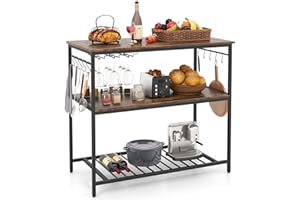 GOFLAME Kitchen Island with 3 Shelves, Industrial Kitchen Counter with Wine Glass Holders & 10 Hooks, 3 Tier Shelf with Heavy Duty Metal Frame for Dining Room, Rustic Brown + Black