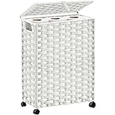 Hiagnete Toilet Paper Storage Basket with Lid and Wheels, Rattan Toilet Paper Holder Storage, Toilet Paper Organizer for Bathroom, Bedroom, Kitchen, 12.6”L x 7.1”W x 17.14”H, White