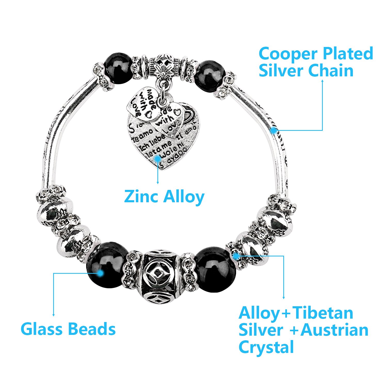 UHIBROS Silver Plated Bangles Snake Chain Pink Crystal Beads Love Heart Beads Glass Charm Bracelet For Women Girl\'s Christmas Birthday Anniversary Valentine\'s day Valentine Gift