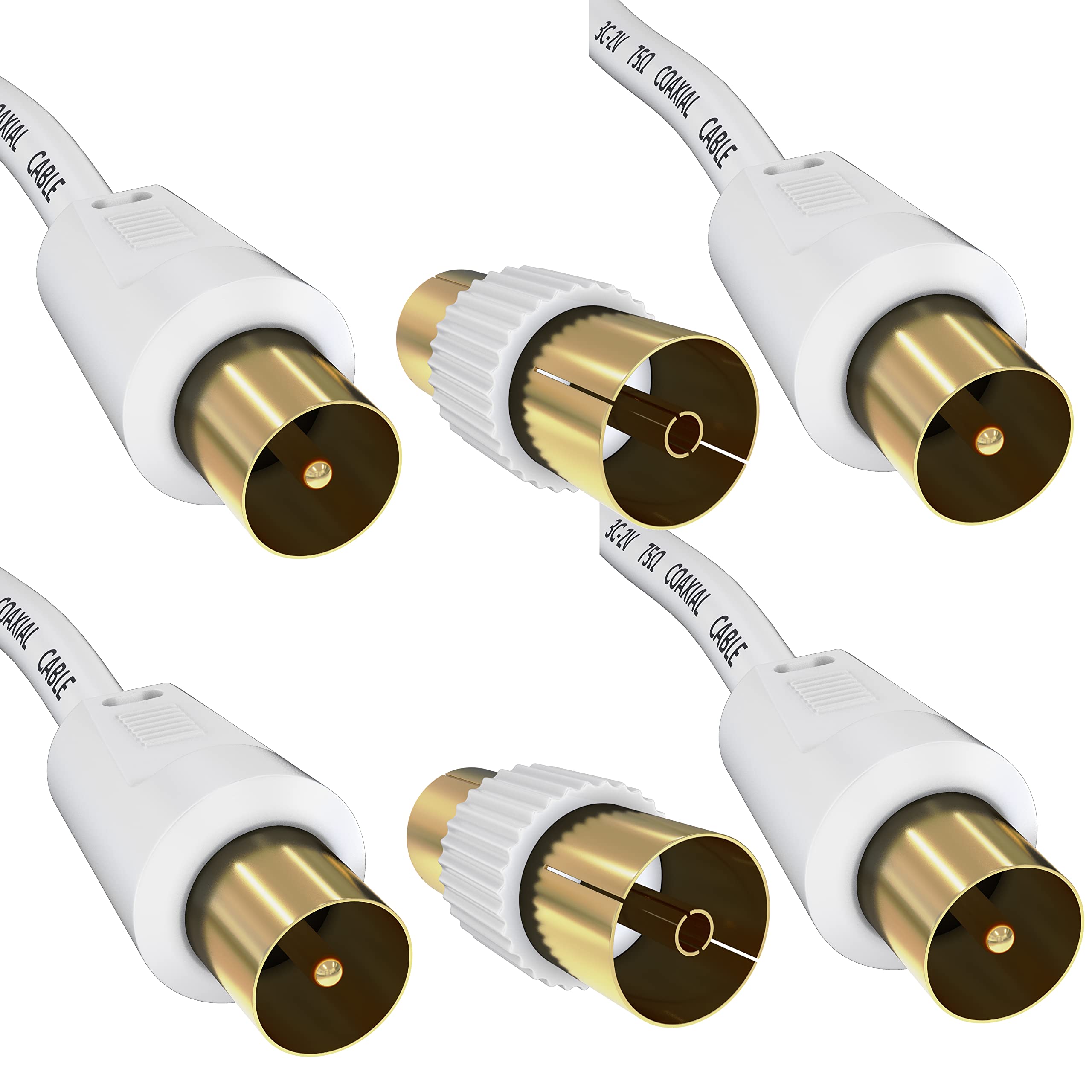 ConnectingU Twin Pack of White 0.5m TV Aerial Cables Male to Male with Female to Female Couplers