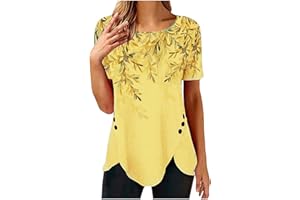 DOVFORD Tunic Tops for Women Loose Fit Dressy Short Sleeve Blouse Casual Floral Print T Shirt Summer Trendy Irregular Hem Tee