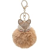 Fox Head Keychain with Faux Fur Pom-Pom, Bling Rhinestones and Simulated Pearl Inlaid Key Chain for Women Girls