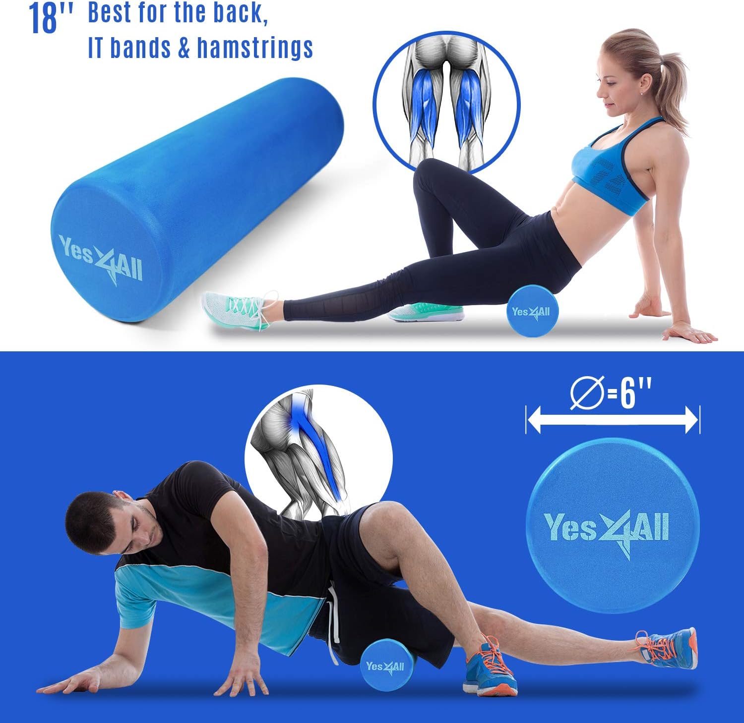 Yes4All 18 Inch EVA Foam Roller/Back Roller – High Density Foam Rollers, Foam Roller for Physical Therapy & Exercise (Blue) : Sports & Outdoors