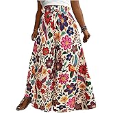 BEAUDRM Women's Plus Size Palazzo Pants Boho Floral Baggy Pant Flowy Elastic High Waist Wide Leg Vacation Long Trousers