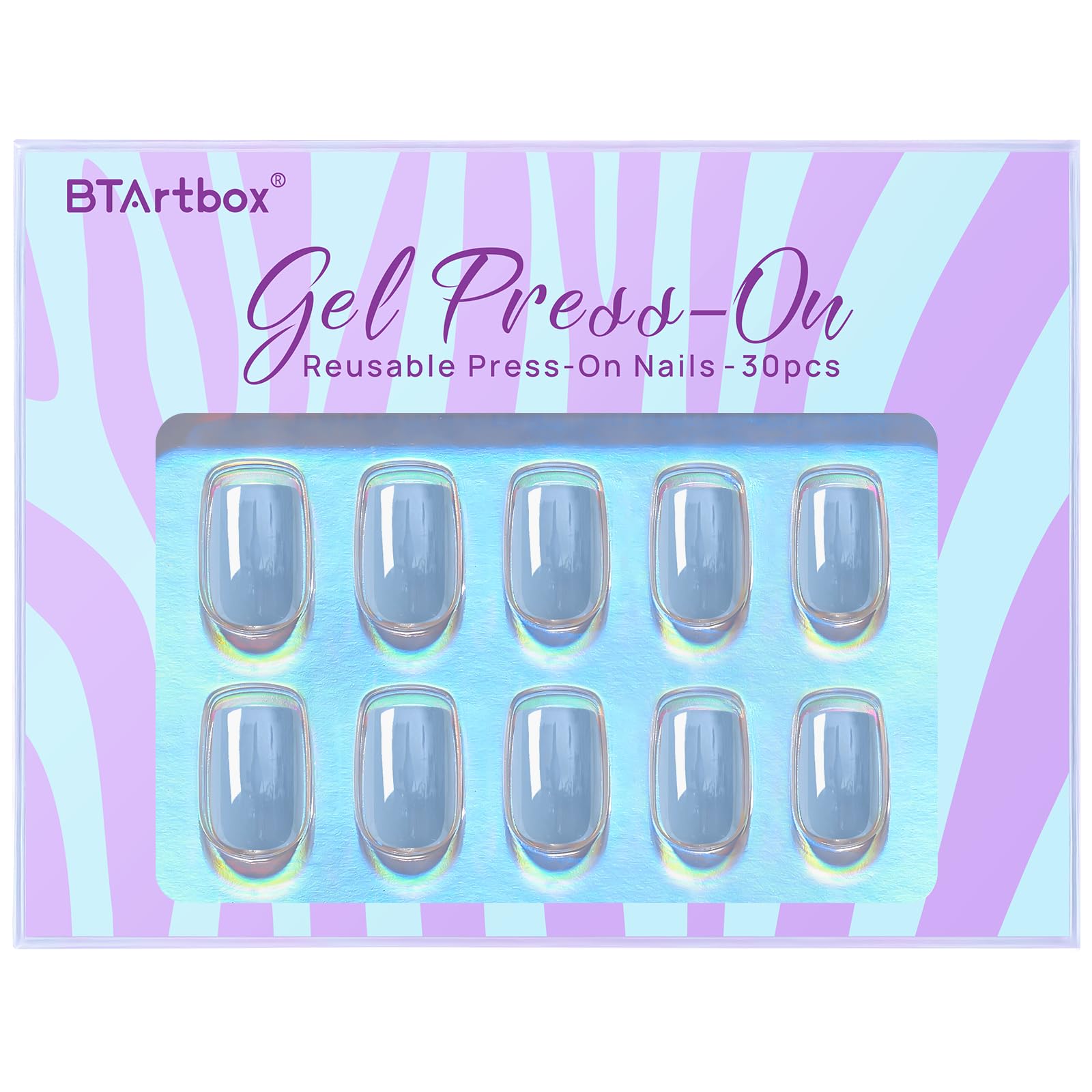 BTArtbox Press On Nails Short - Square Press On Nails, Blue Glossy Nail Tips Glue On Nails with Nail Glue, Reusable Stick On Nails in 15 Sizes - 30 Soft Gel Fake Nails Kit, Ocean Glazed - Image 3