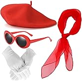 4 Pcs French Beret Hat Scarf Gloves Sunglasses for Women, 50s French Mime Costume Kit for Women Dress Up on Halloween Parties