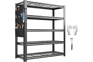 REIBII Storage Shelves, Heavy Duty Garage Shelving Load 2500LBS, 5-Tier Garage Shelves with Tool Storage Bag, Adjustable Industrial Metal Shelving for Basement, 66" H x38.2 W x16 D, Black