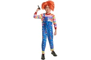 Zeepair Kids Scary Doll Costume Set Horror Killer Toy Outfit with Striped Jumpsuit Wig Prop Knife for Halloween Cosplay Party