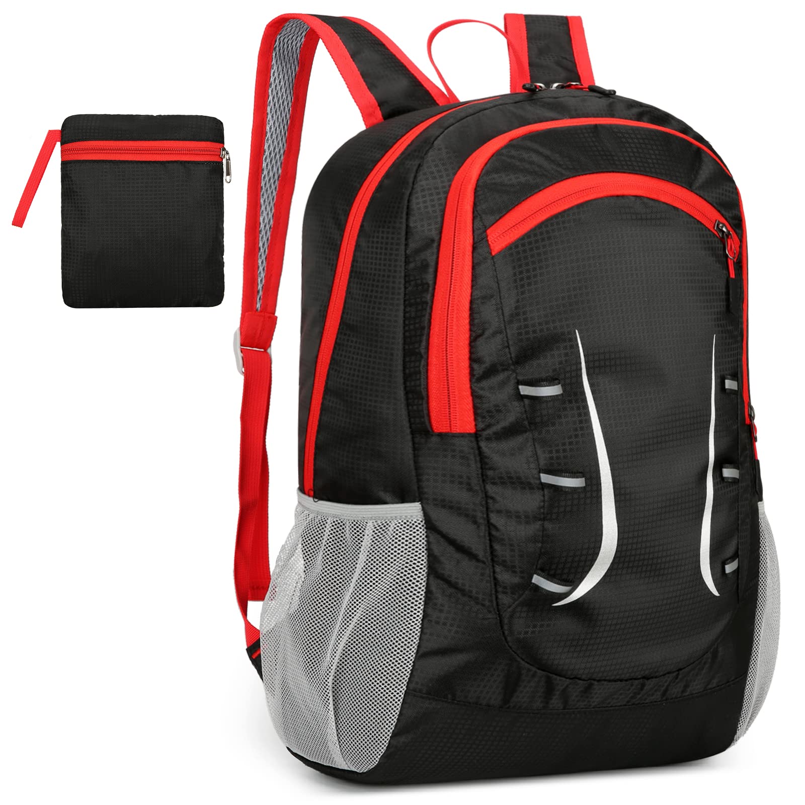 Alitifiy Lightweight Foldable Backpacks, 30L Packable Waterproof Small Hiking Bags & Packs Knapsack Daypack Handy for Men Women Ladies Kids Travel Camping Outdoor Rucksack Bag Pack (Black Red) — image 1