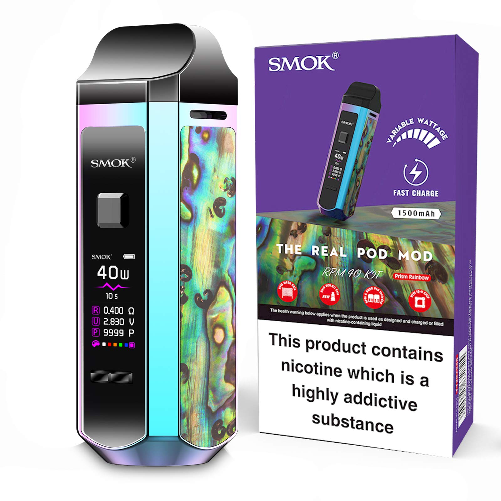 SMOK RPM 40 Vaping Kit,1500mAh Battery, 40W Output, Adjustable Airflow, 2mL Refillable Pod, Compact Pod System, E Cigarette, E Cig, Starter Kit, No Nicotine (Rainbow)