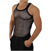 OYOANGLE Men's Fishnet Tank Tops Hollow Out Crew Neck Sleeveless See Through T Shirts Sheer Muscle Undershirt