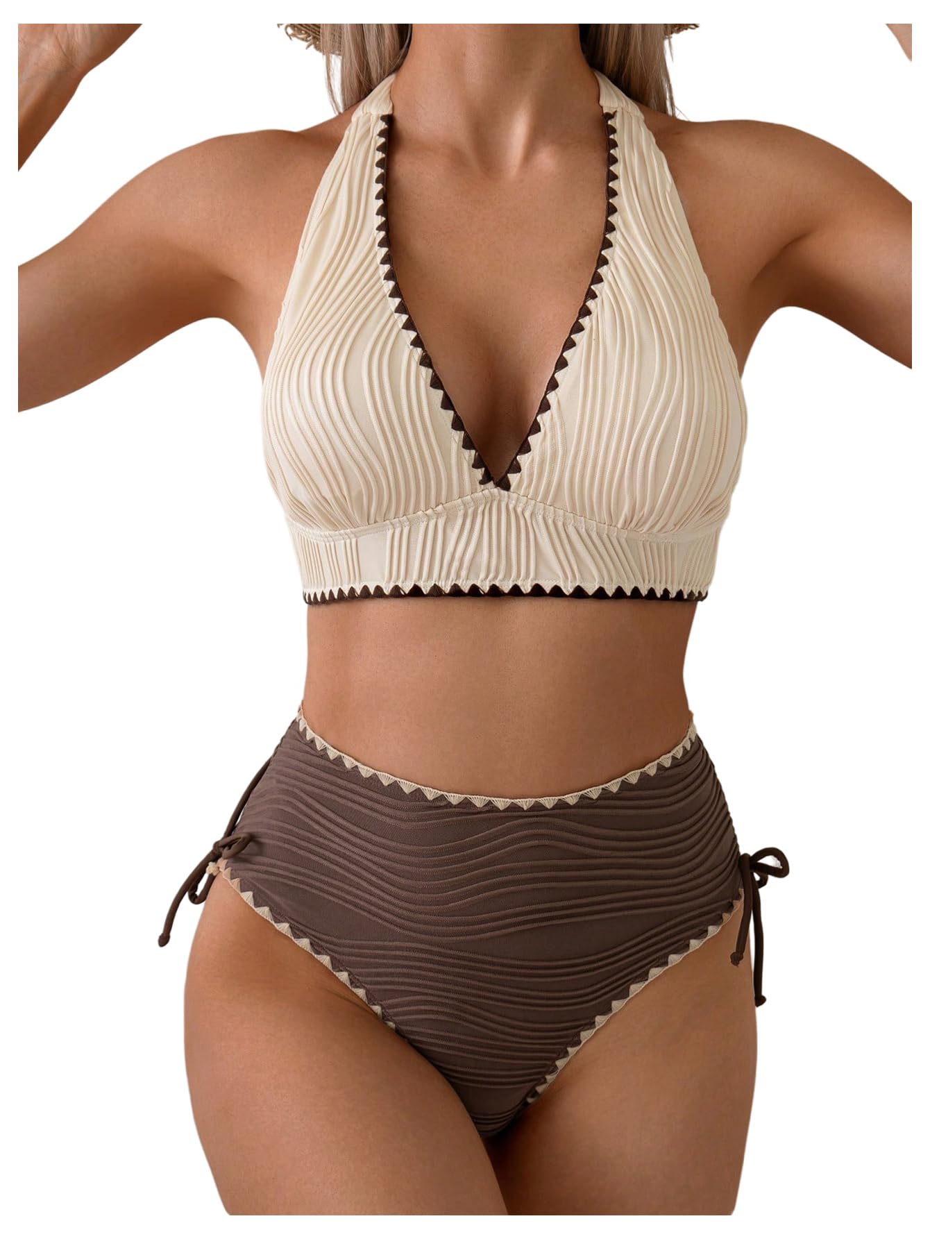 Photo 1 of SOLY HUX Women's Textured Halter Bikini Sets Bow Tie Swimsuits 2 Piece High Waisted Bathing Suits Beige and Brown Medium