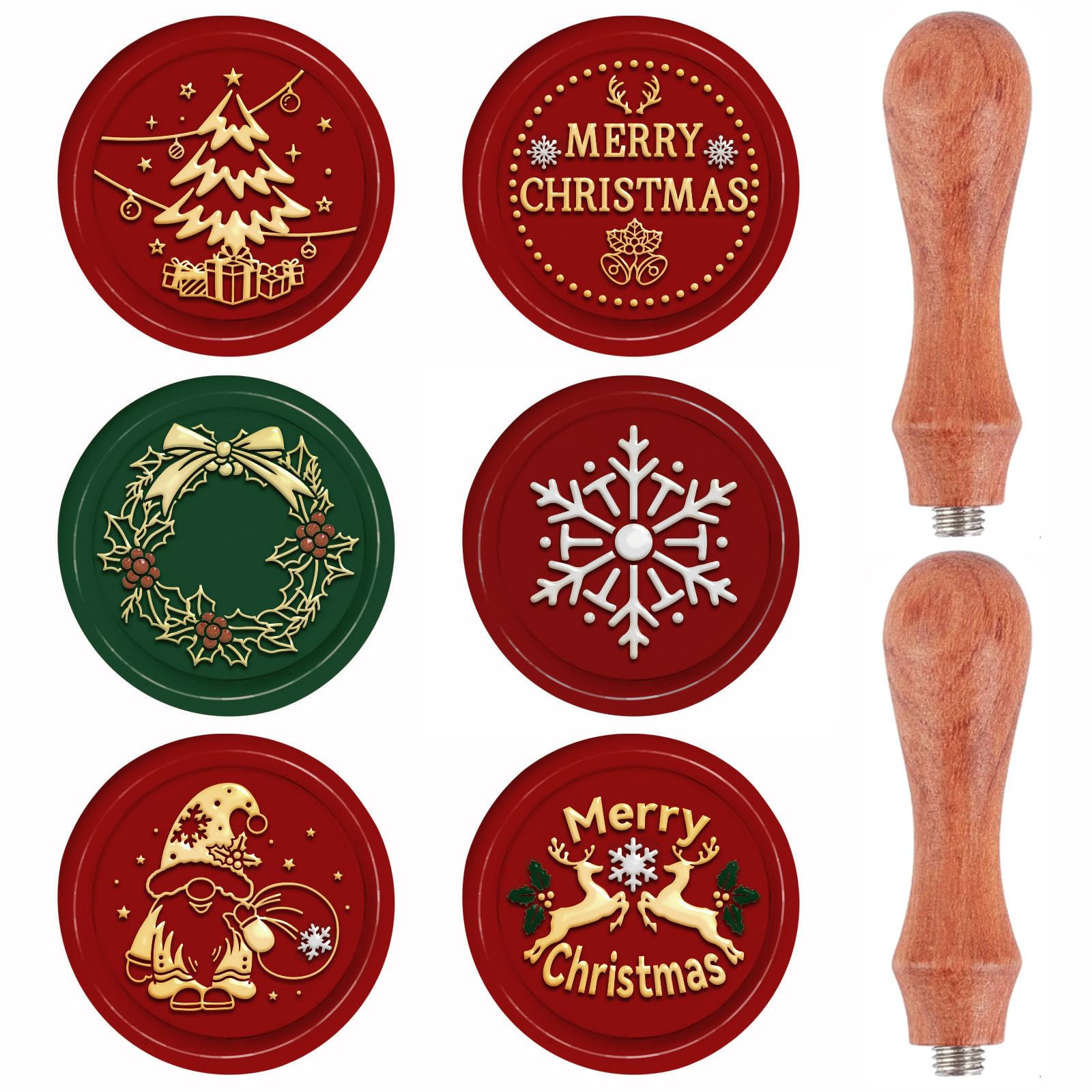 CRASPIRE Christmas Wax Seal Stamp Set 6pcs Vintage Retro Removable Brass Stamp Head 2pcs Wood Handle for Xmas Wedding Invitation Envelope(Christmas Tree Snowflake Merry Holly Elk Gnome Elf)