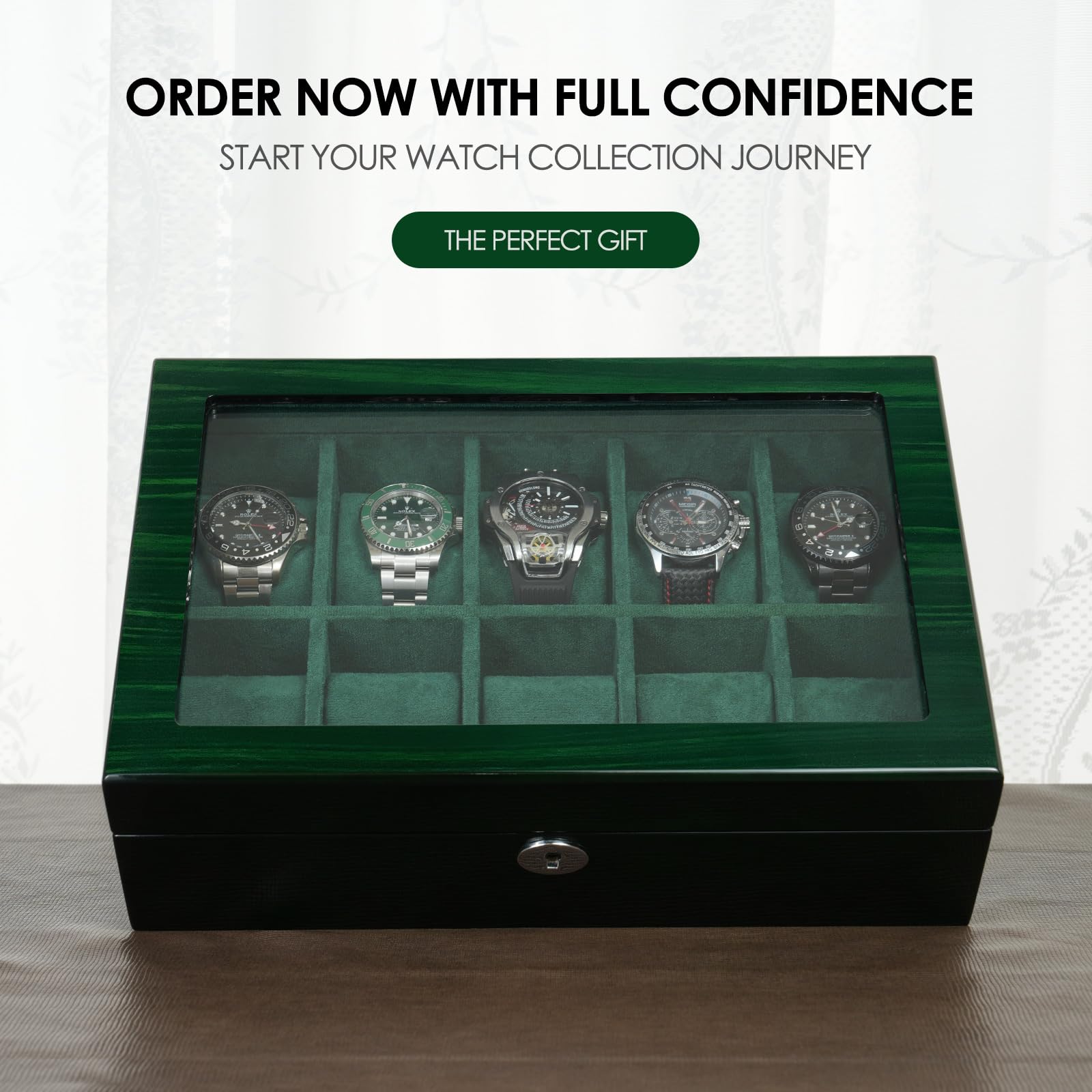 Watch Box for Men 10 Watches Storage Organizer Case, Smart Watch Display, Green Wood with Soft Suede Interior, Large Glass Window, Gift for Women and Man (10W-GR)