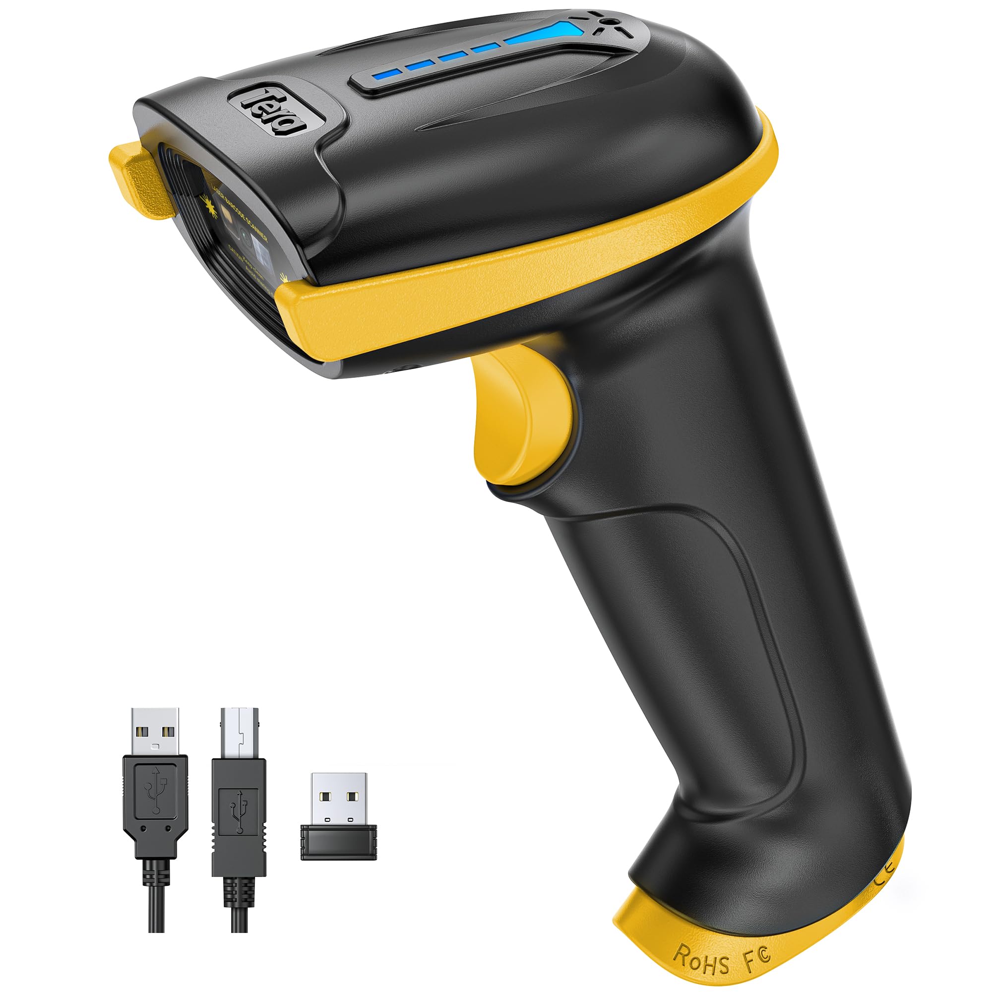 Photo 1 of Tera Barcode Scanner Wireless Versatile 2-in-1 (2.4Ghz Wireless+USB 2.0 Wired) with Battery Level Indicator, 328 Feet Transmission Distance Rechargeable 1D Laser Bar Code Reader Handheld 5100 Yellow