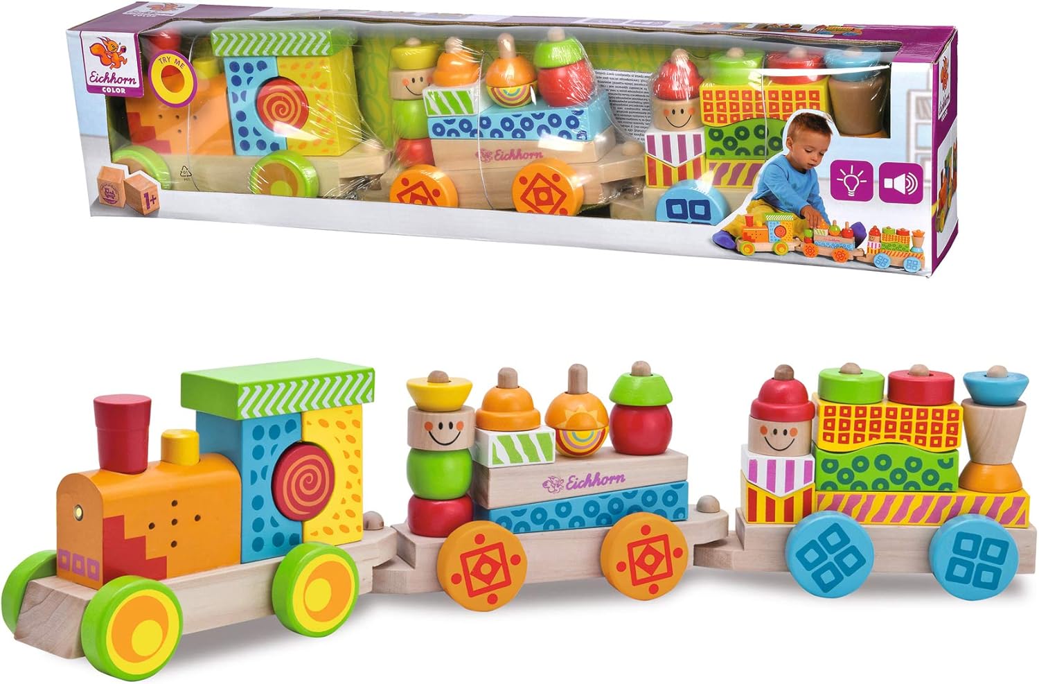 Eichhorn 195029 100002236 Bunter Zug Mit Licht Und Soundfunktion Und 28 Bausteinen 31 Tlg Lange 59 Cm Inkl Batterien Birkenholz Amazon De Spielzeug