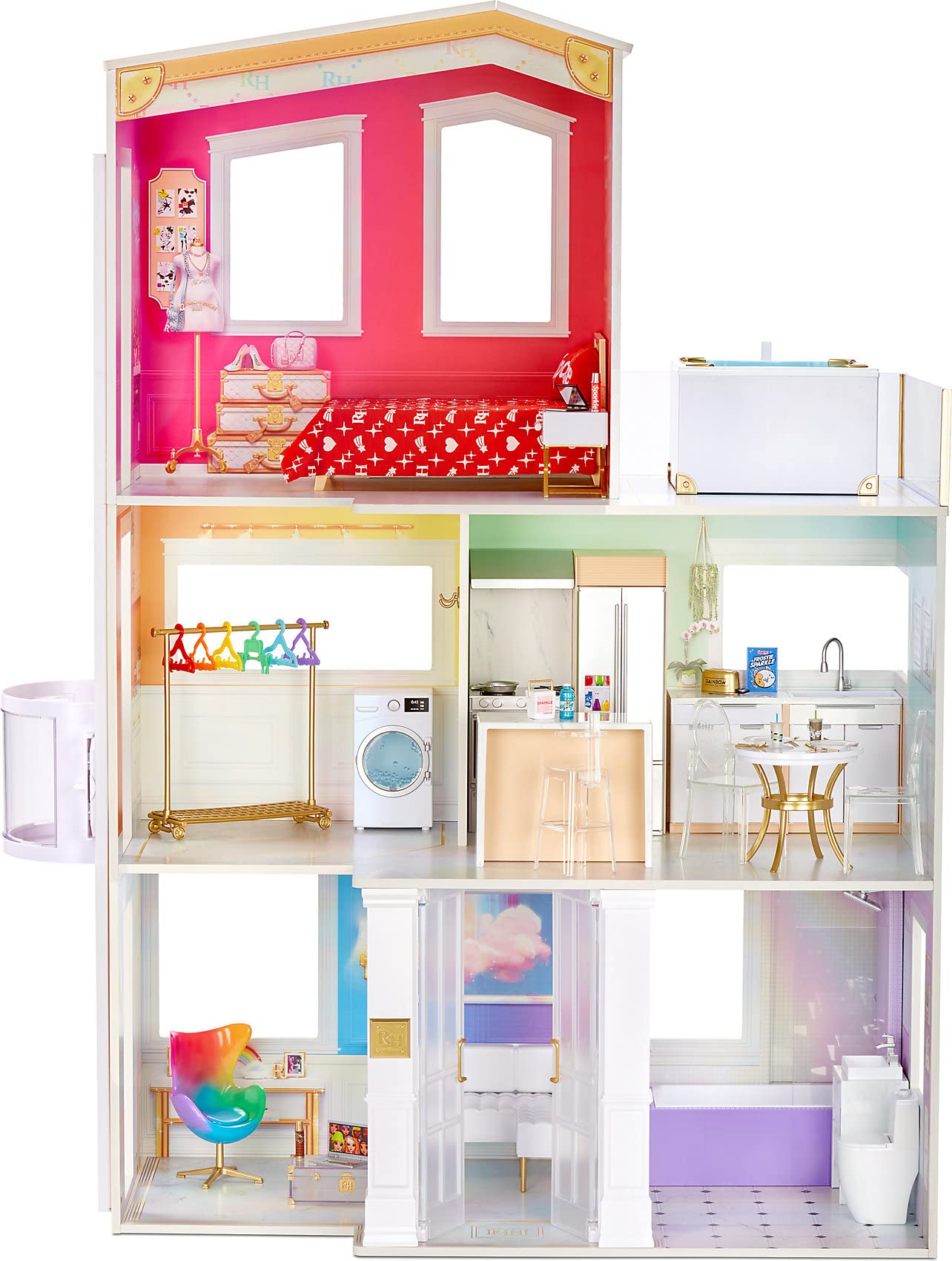 Rainbow High House – 3-Story Wood Doll House (4-Ft Tall & 3-Ft Wide), Fully Furnished Fashion Dollhouse, Working Hot Tub, Shower, Elevator, 50+ Accessories, Gift Toy for Kids Ages 6 7 8+ to 12 Years