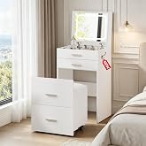 Airynee 3 in 1 Vanity Desk with Flip Top Mirror and Lights | Makeup Vanity Table with 3 Drawers &amp; Cushioned Stool, Compact Dressing Set for Bedroom Small Space, Newly Upgraded,White