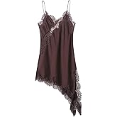 Floerns Women's Satin Lace Dress Layering Asymmetrical Tops Date Night Slip Dresses
