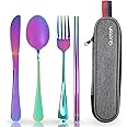 Travel Utensils with Case, Quatish Portable Silverware Set for Work, Stainless Steel Reusable Travel Cutlery Set, Fork and Spoon Set for Camping, Picnic, Gadgets, Lunch Box for Men, Rainbow