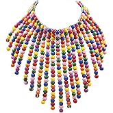 Boho African Wooden or Acrylic Beaded Bib Statement Necklace Strands Layered Cluster Chunky Collar Choker Wood Necklace for Women Fashion Costume Jewelry