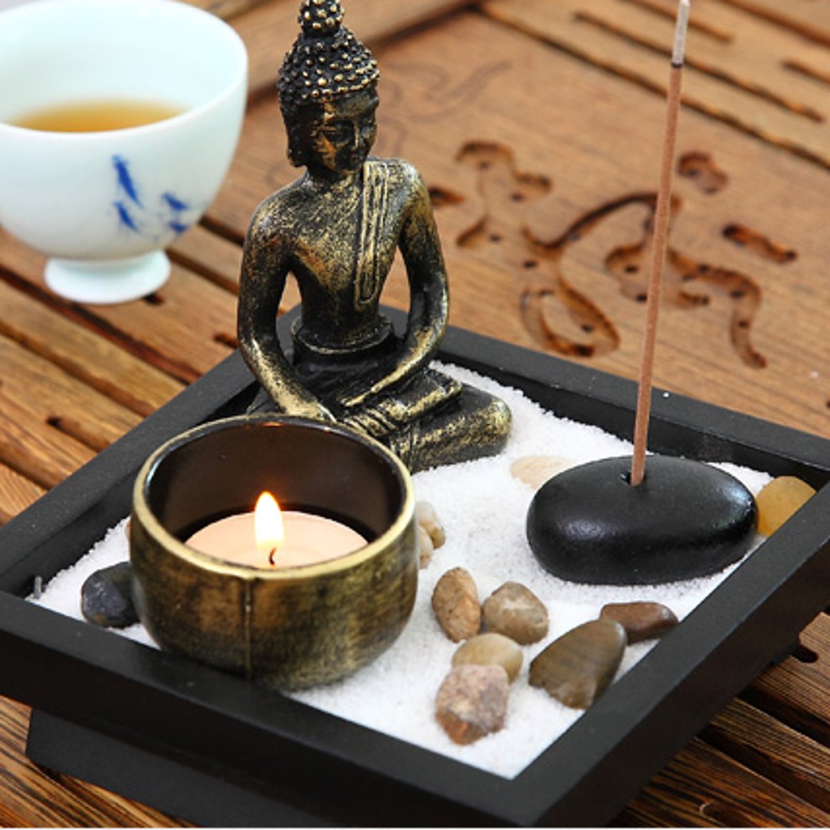 Jeteven Buddha -Statue Sitzend Chinesische Art Zen-Garten Harz Kerzenleuchter-Set Kerzenständer Teelichthalter Kerzenhalter (Buddha)