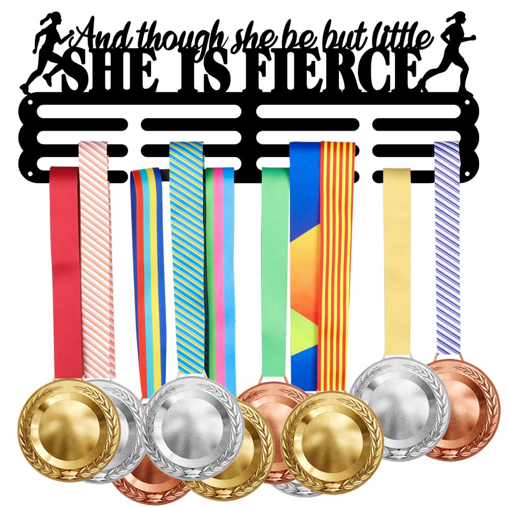 SUPERDANT Girl Running Medal Holder and Though She Be But Little She is Fierce Medal Hanger Medal Display for Girl Competition Medal Hanger Award Holder Wall Hanging 40x15CM