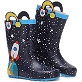 FUNCOO PLUS Toddler Rain Boots Kids Waterproof Rubber Boots for Boys and Girls with Handles in Fun Pattern