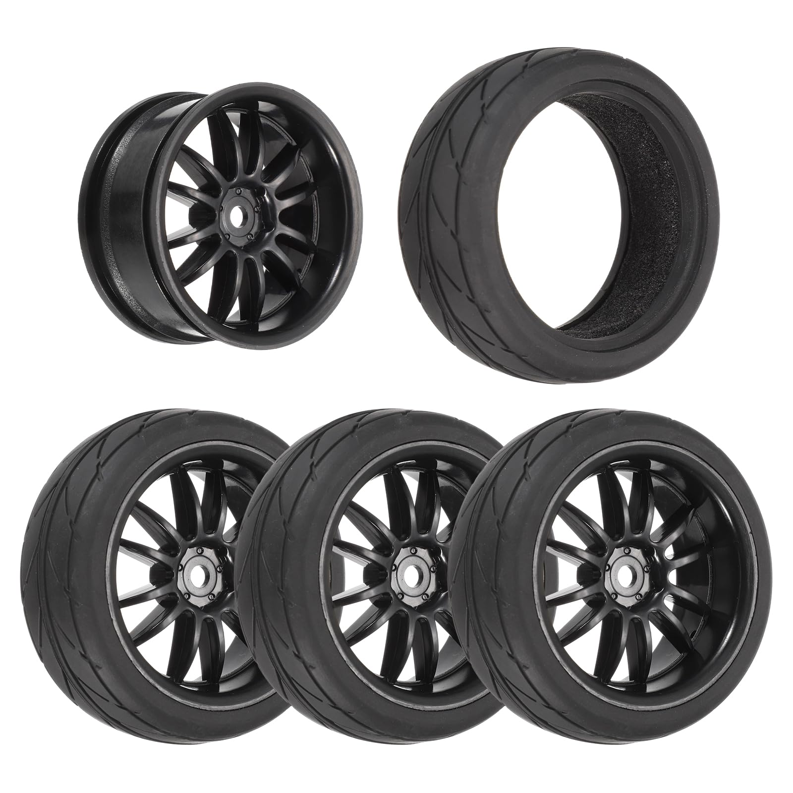 sourcing map 4-Pair High-Grip RC Car Tire & Wheel Set for 1/10 Scale On-Road Touring Cars - Soft Rubber Tyres with 12mm Hubs, Black, Type F