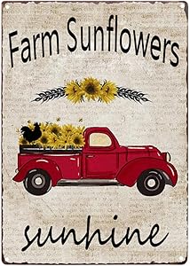 TISOSO Farm Sunflower Sunshine Red Truck Vintage Tin Bar Sign Farmhouse Kitchen Wall Country Home Decor for Living Room Bedroom Decoration 8X12Inch