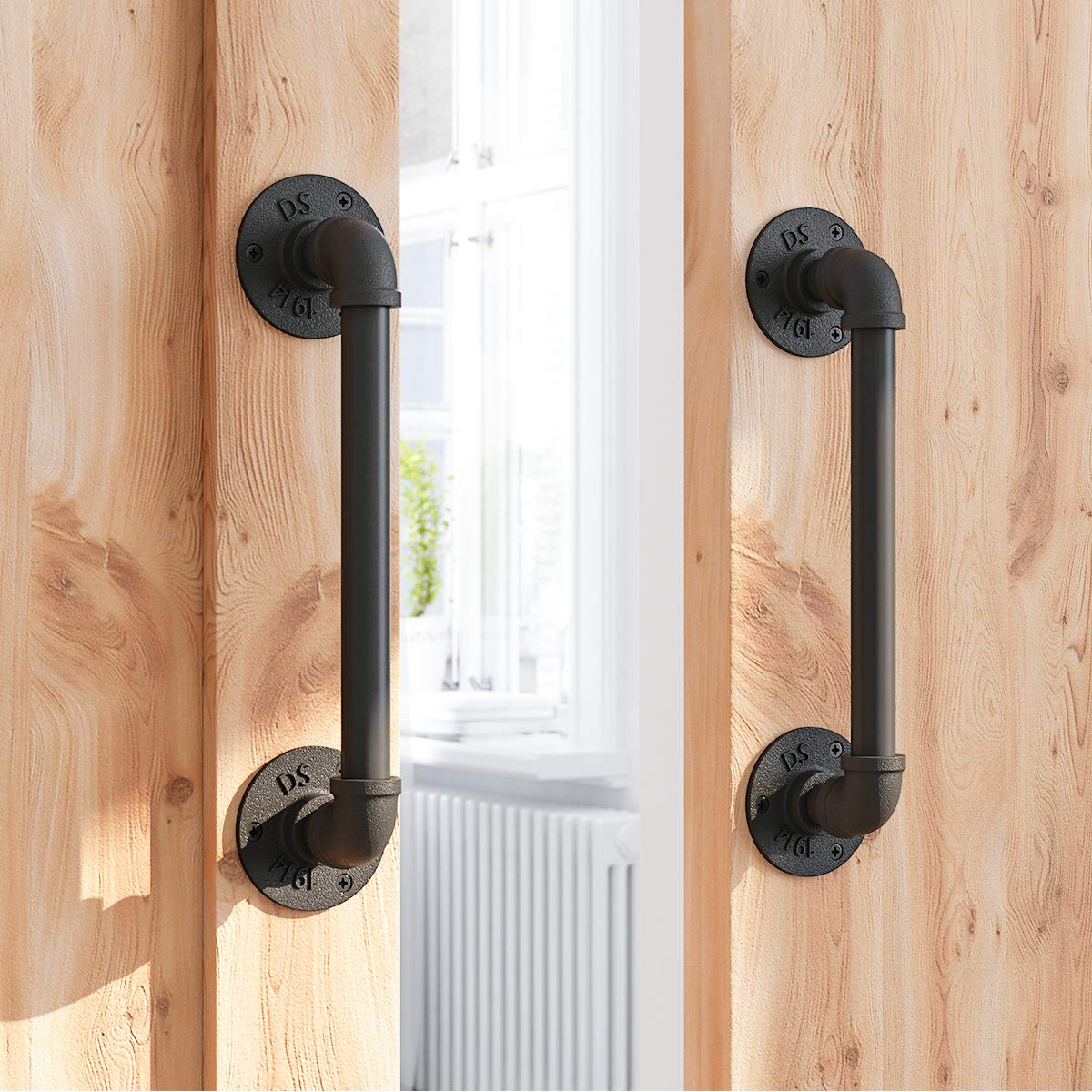 Photo 1 of SMARTSTANDARD 11 Inch Pipe Barn Door Pull Handle, Industrial Rustic Black Stair Handrail, Grab Bar for Sliding Door, Gate, Garage, Pack of 2