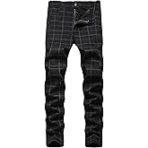 YIHUILONG Plaid Pants for Men, Stretch Mens Slim Fit Dress Pants Skinny Flat-Front Fashion Business Casual Chinos Pants