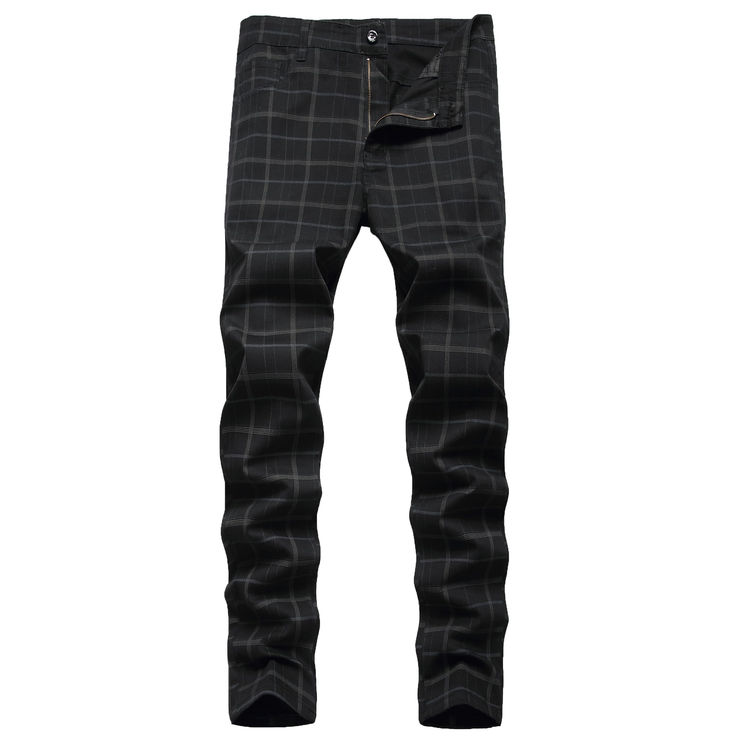 Photo 1 of YIHUILONG Men's Plaid Pants, Skinny Dress Pants for Men Slim Fit Flat-Front Stretch Fashion Business Casual Chinos Pants(Black38)