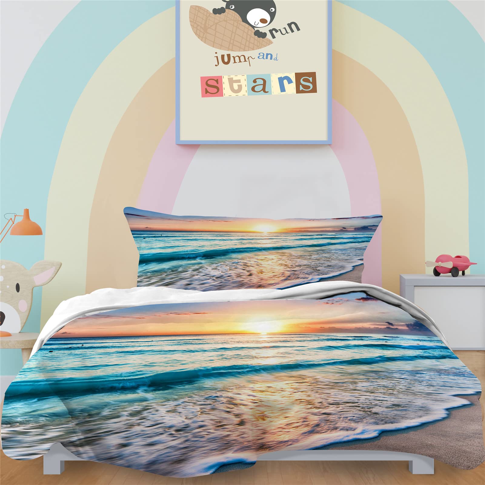 YUANZU Beach Duvet Cover Set Single for Ocean Bedding Set 2 Pieces Tropical Hawaiian Sunset Sea Waves Scenery Printed Soft Microfiber Quilt Cover with Zipper Closure (135x200cm & 1Pillowcase)