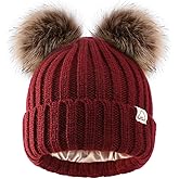 Hat Hut Winter Hats for Women Satin Lined Beanie Hats for Women Knit Ski Hat Winter Cap for Women Pom Pom Beanie