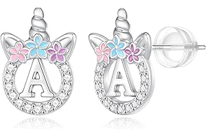POSHJEW Unicorn Earrings Gifts for Girls - 925 Sterling Silver Stud Earrings Hypoallergenic Initial Unicorn Earring for Girls Kids Jewelry CZ Birthday Gifts